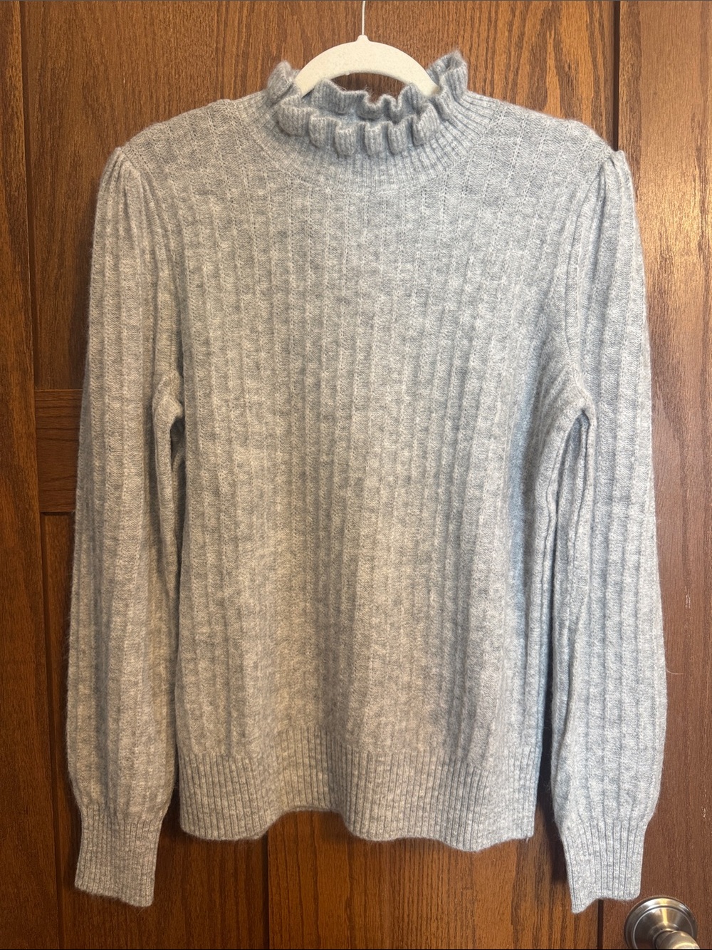 Loft Ribbed Ruffle Mock Neck Sweater in Light Gray